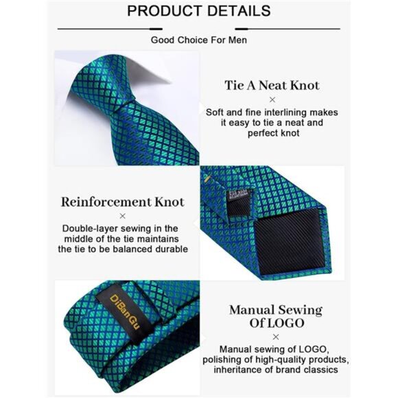 Plaid Ties for Men Silk Checkered Necktie and Pocket Square Cufflinks - Picture 6 of 7